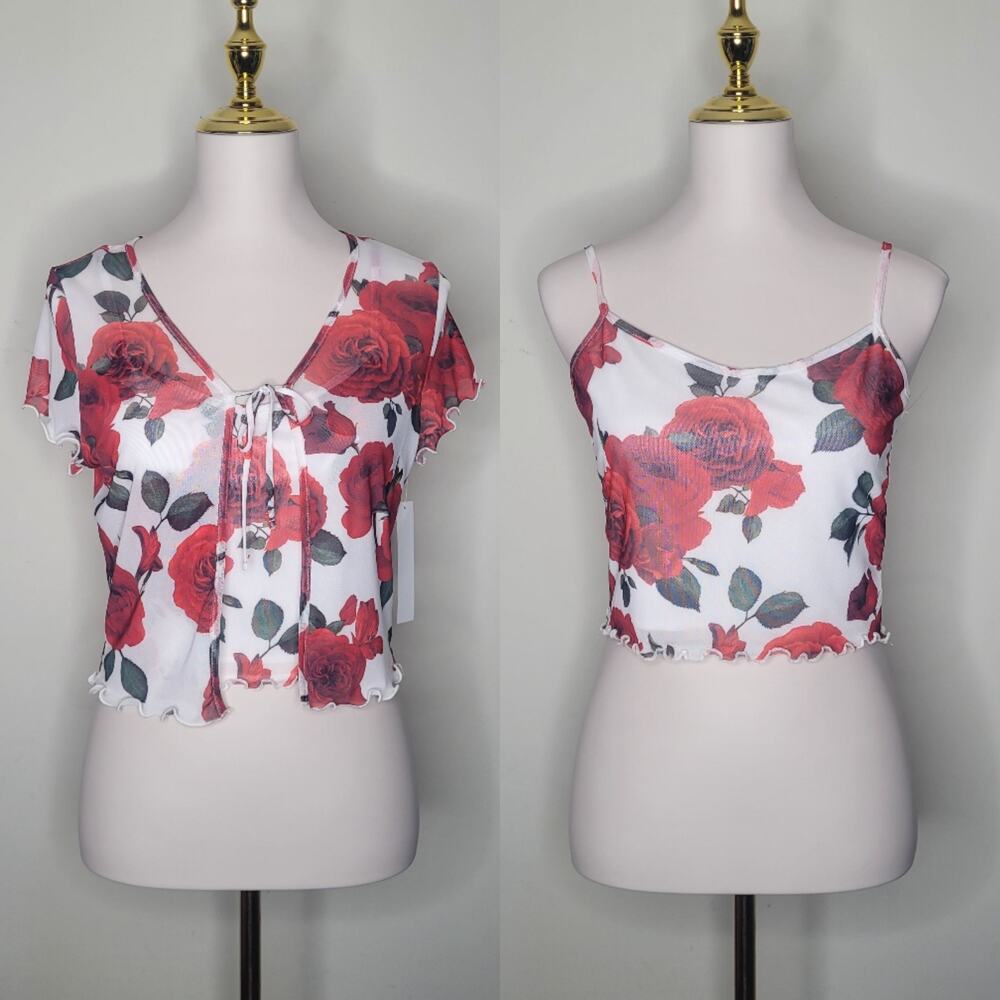Sz M Roses Are Red 2 Pc Top Set Bloomcore Romantic Flowercore‎ Garden Botanical
